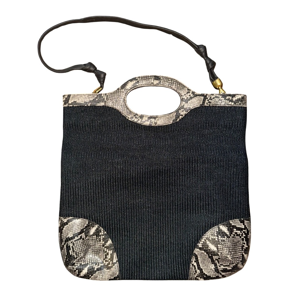 Due Fratelli Cut Out Handbag. Faux Snakeskin trip Purse Clutch. Black